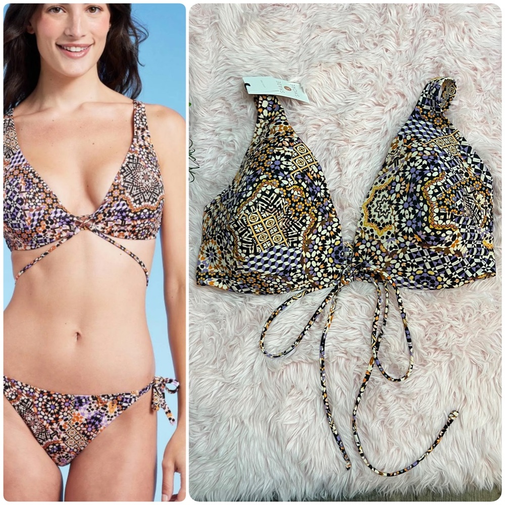 Shade & Shore NWT‎ Purple Orange Geo Floral Mix Print Underwire Bikini Top 38DD